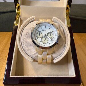 Geneva White/Pearl Chronograph Watch S7105, 43mm
